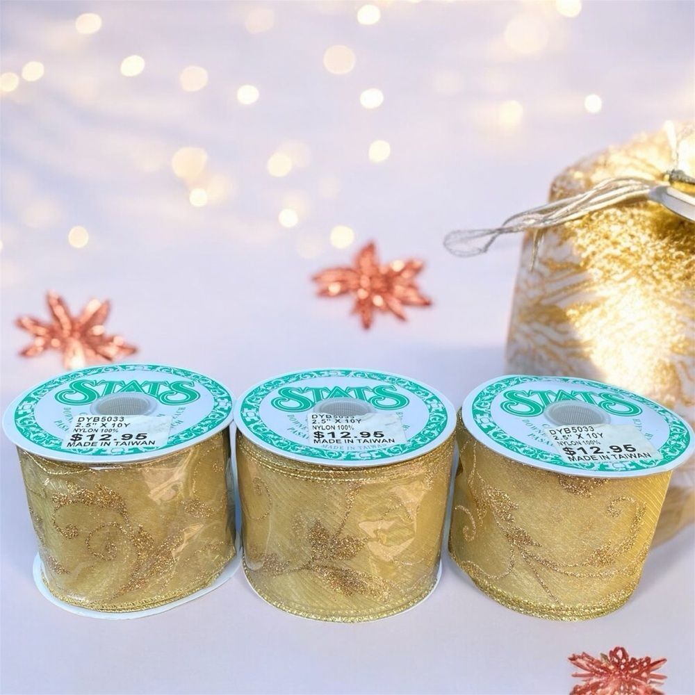 New Stats Gold Floral Wire Ribbon Three (3) Rolls Holidays Xmas Decor 2.5"x 25Y